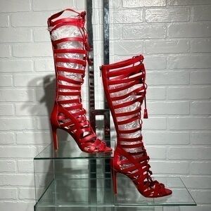 Strappy knee high Red Leather Boots Caged stilettos size 7M
